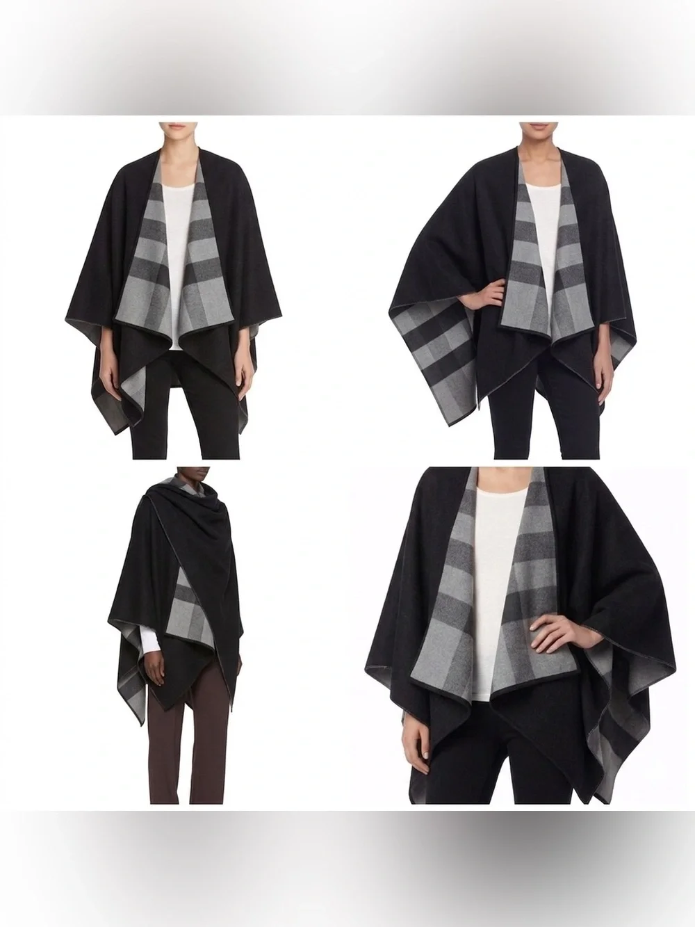Burberry 100 wool Black & Gray Reversible Cape New